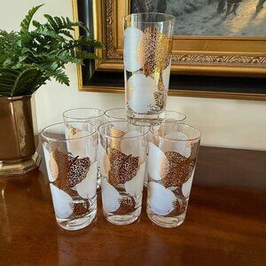 Set Of 7 Vintage High Ball Tumblers Glasses Gold Leaf Frosted Moon Design - Mid-